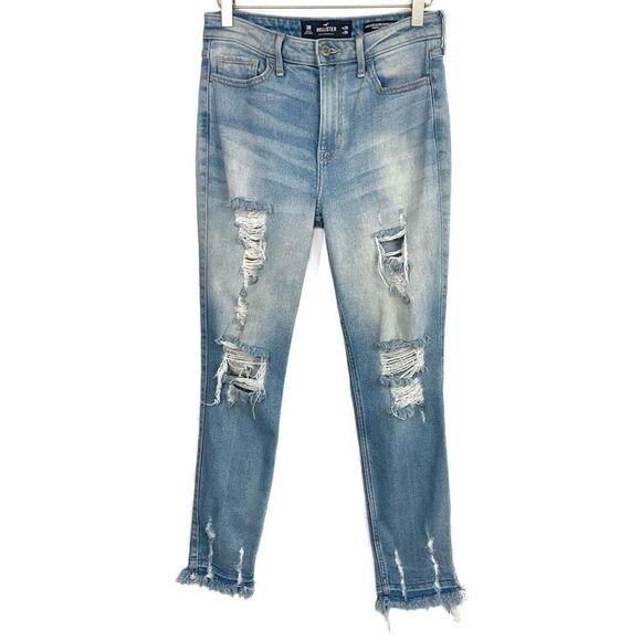 Hollister Blue Destroyed High Rise Super Skinny Crop Denim Jeans 3R - Picture 7 of 7
